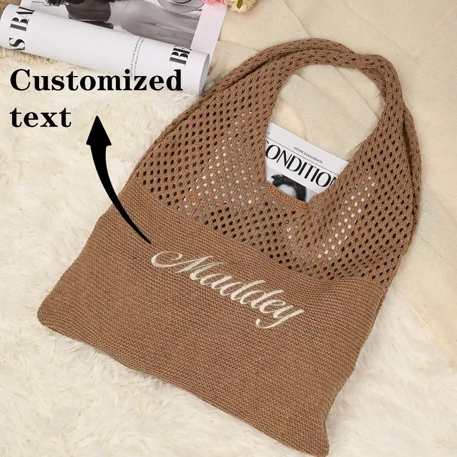 

Custom Embroidered Crochet Mesh Tote Bag for Women - Summer Beach Shopping Bag