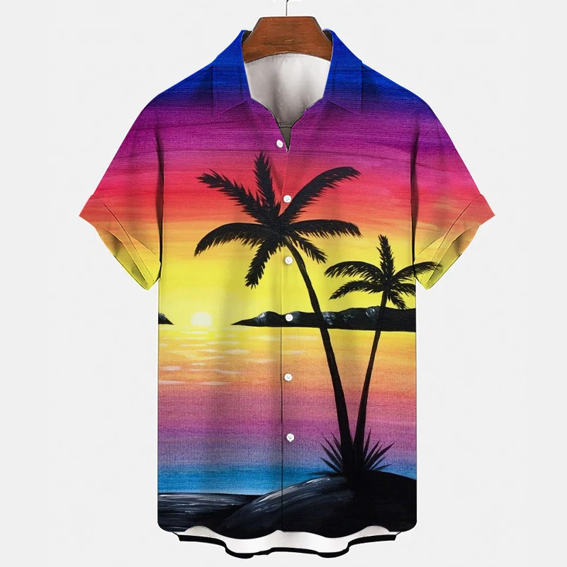 Men\'s Hawaiian Shirts 3D Print Coconut Palm Graphics T Shirts Fashion Button Short Sleeve Lapel Streetwear Hawaiian Shirts Tops