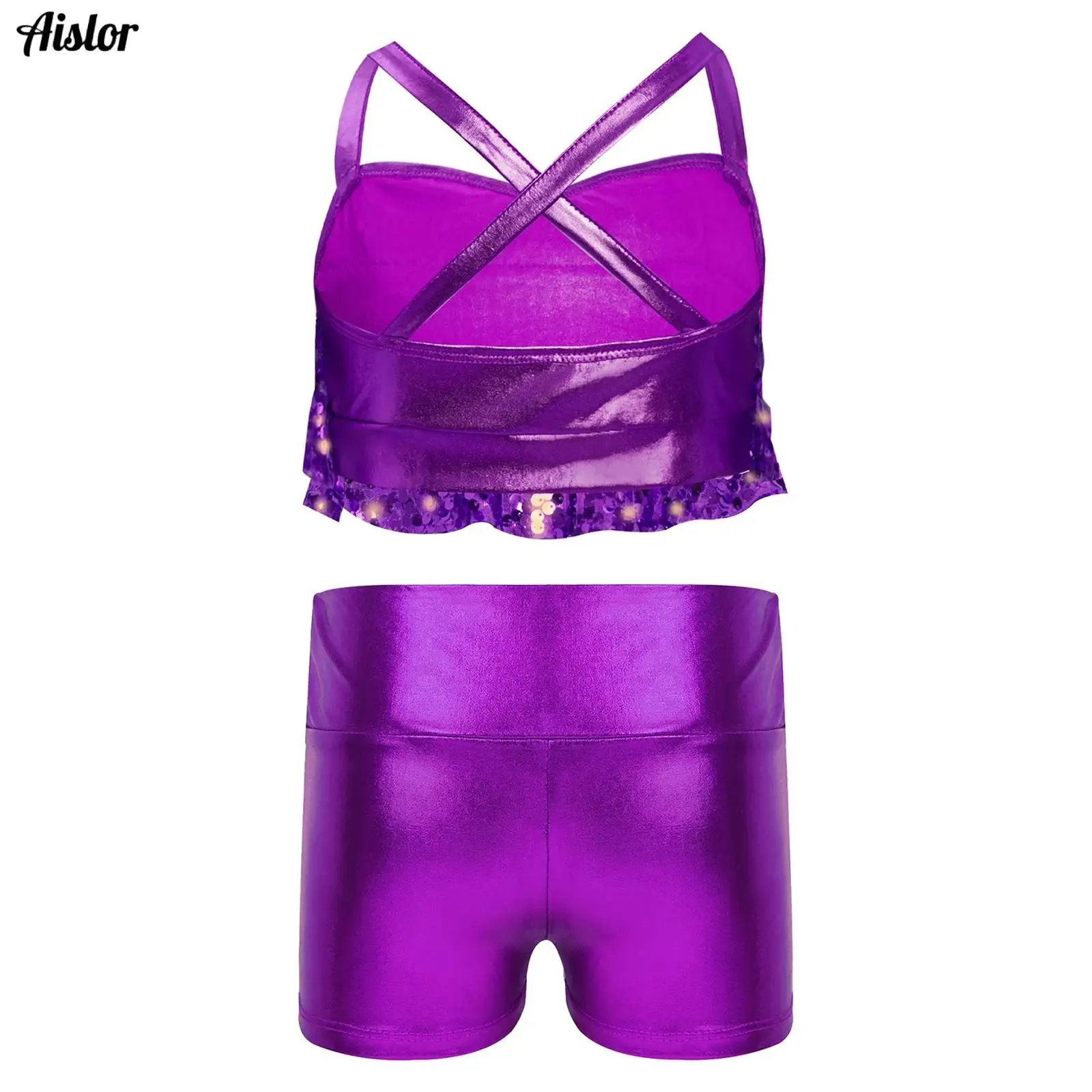 Girls Latin Jazz Dance Sets Modern Dancewear Tiered Ruffles Metallic Crop Top with Shorts Suit Stage Performance Costume
