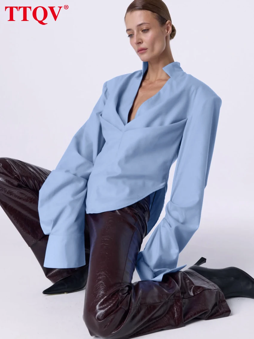 TTQV Fashion Loose Blue Cotton Women's Shirt 2026 Spring Stand Collar Long Sleeve Blouse Elegant Classic Top Female Clothing view 3