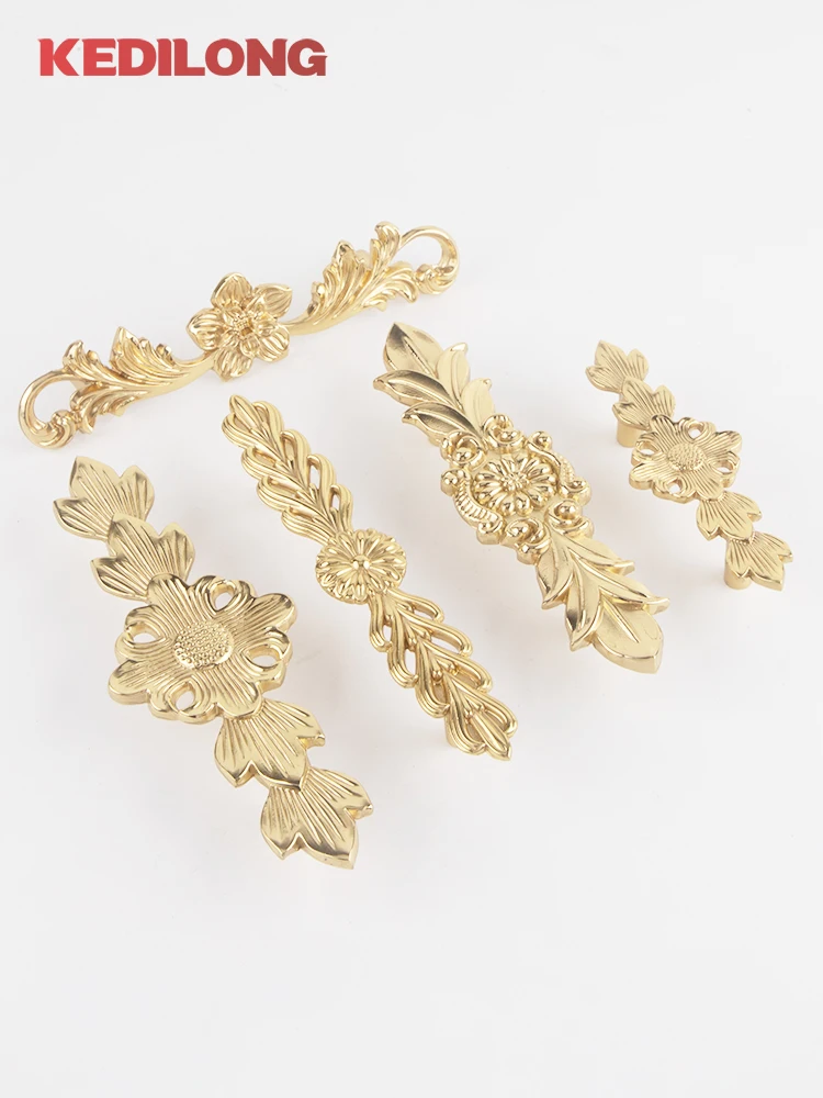 

KEDLO European style light luxury floral long handle furniture hardware solid brass drawer handle