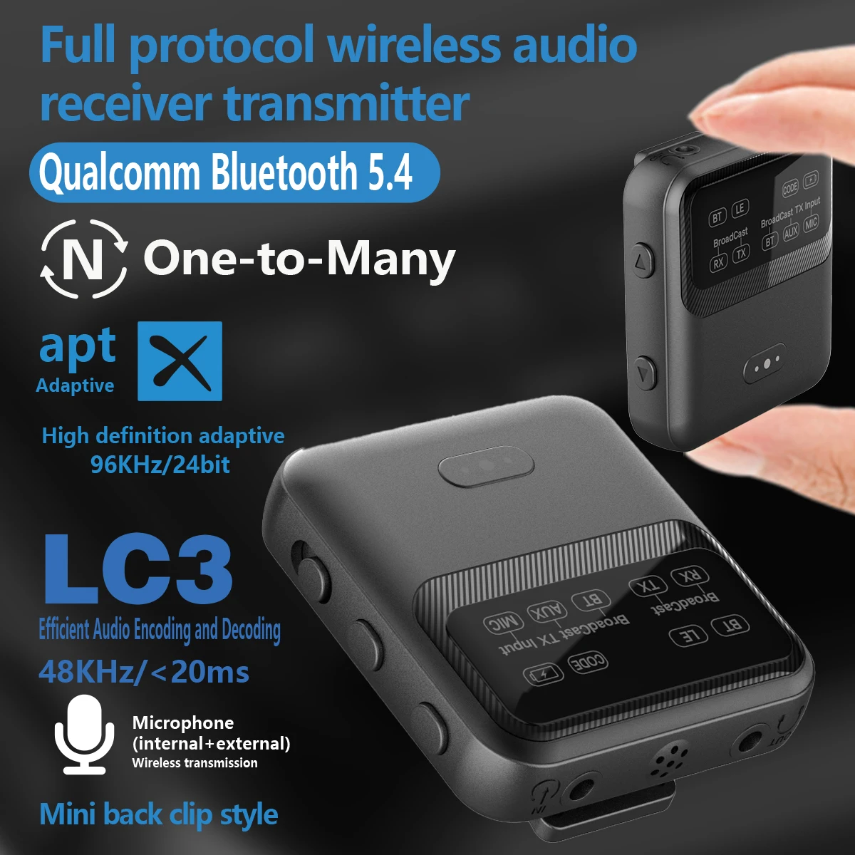 Bluetooth 5.4 Audio Broadcast LC3 Wireless Stereo Receiver Adapter with Microphone ENC NoiaptX/aptXHD/AD LC3 Auracast LE Audio