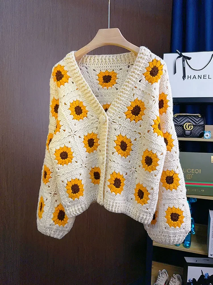 Handmade Sunflower Hollow Hook Wool Blended Knitted Cardigan V-neck Square Crochet Bohemian Sweater Jacket Women Jumper Clothing