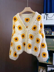 Handmade Sunflower Hollow Hook Wool Blended Knitted Cardigan V-neck Square Crochet Bohemian Sweater Jacket Women Jumper Clothing