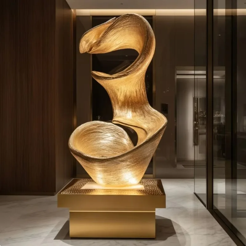 Continuous Twisted Ribbon Metal Sculpture Brushed Linear Grain Surface Double Tier Flat Square Base Lobby Large Indoor Landscape