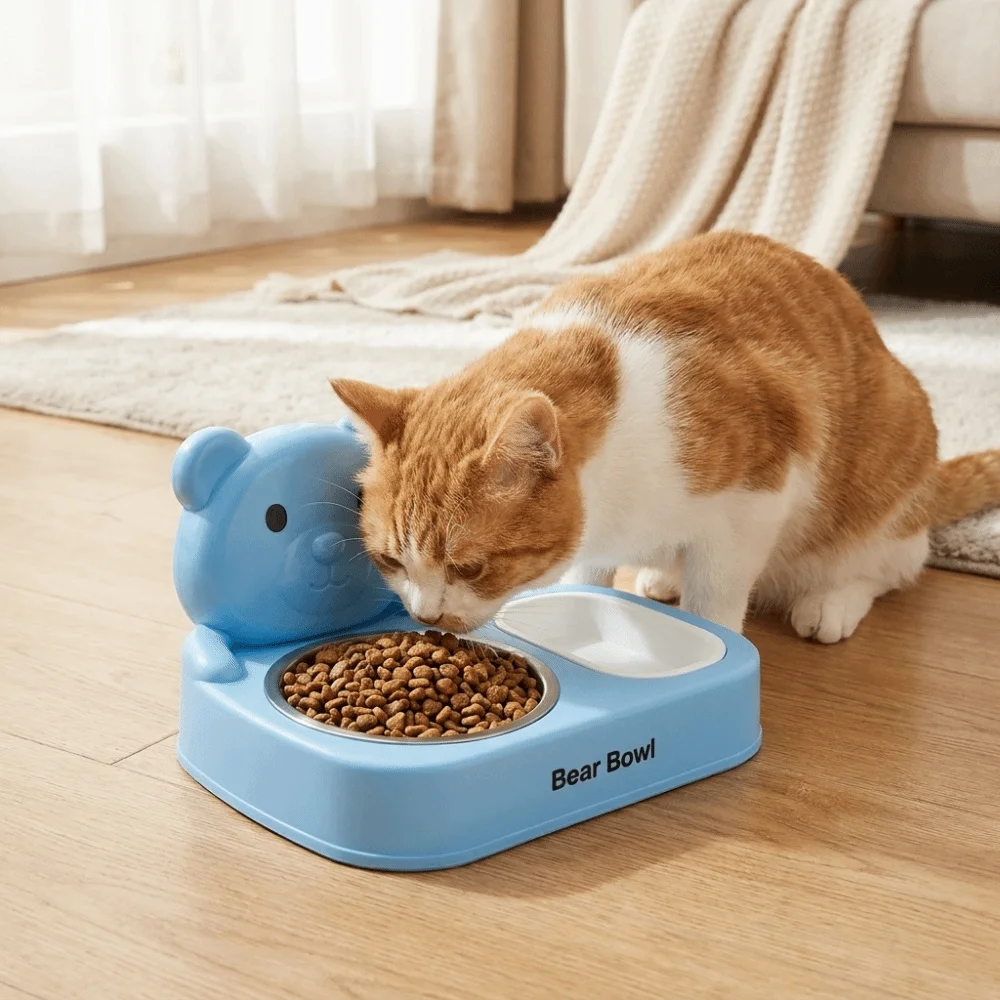 

Cartoon Cat Food Water Bowl Non-Slip Base Detachable Stainless Steel Cat Bowl Double Bowls Cat Feeding Bowl for Cats Dogs