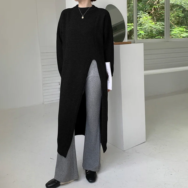 Chic Split Knitted Dress Women Vintage 2023 Autumn O-neck Long Wool Vestido Korean Streetwear Elegant Soft Knitwear Jumper Z49 image 4