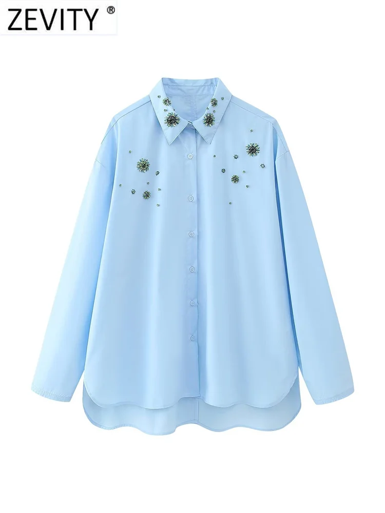 

Zevity Women Fashion Diamond Bead Embroidery Poplin Blouse Office Lady Long Sleeve Casual Shirt Chic Chemise Blusas Tops LS5554