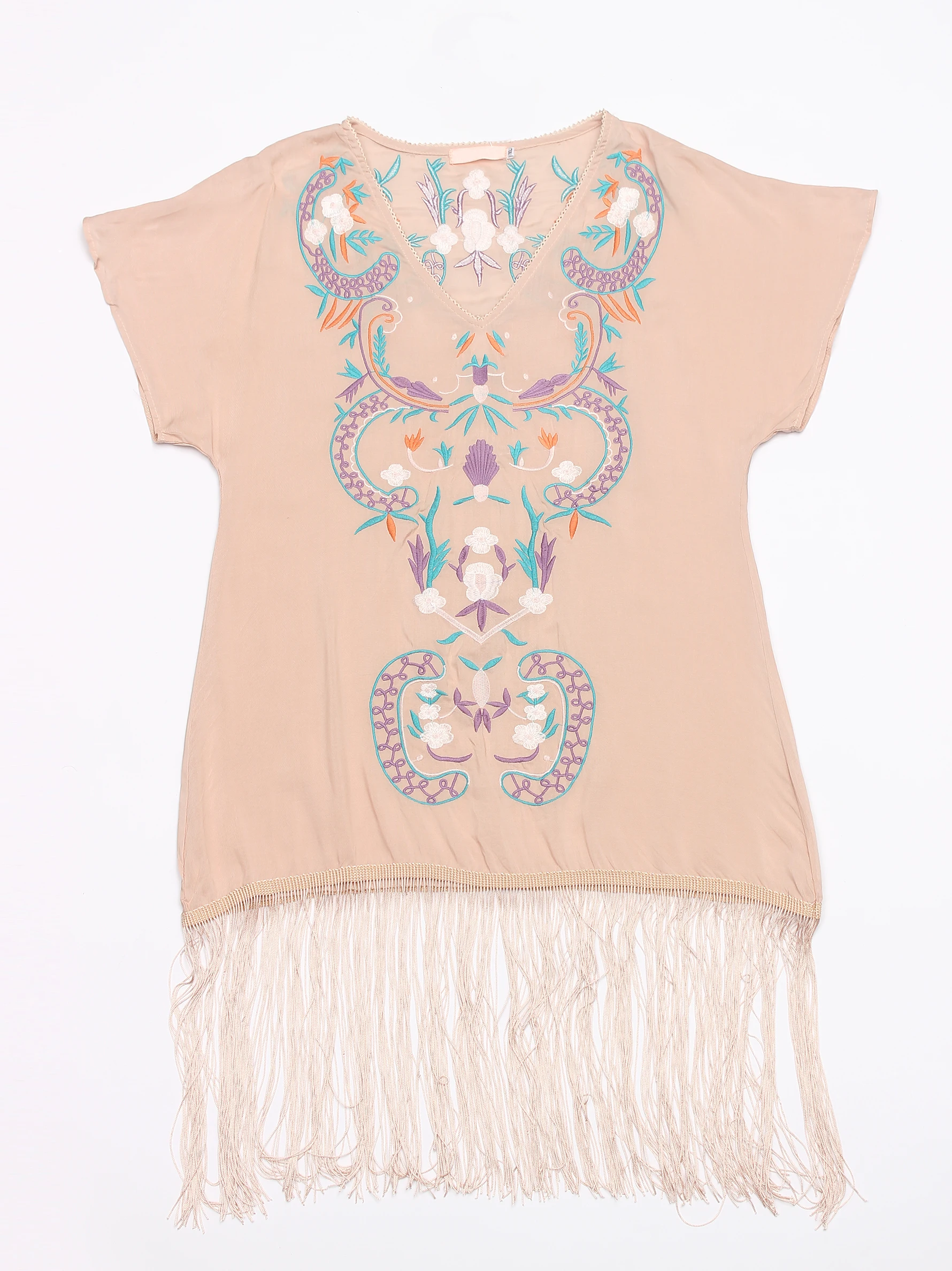 Vacanza etnico ricamato caftano vestito estivo con scollo a V manica corta abito da donna nappa orlo Boho Hippie Chic Casual abiti da spiaggia