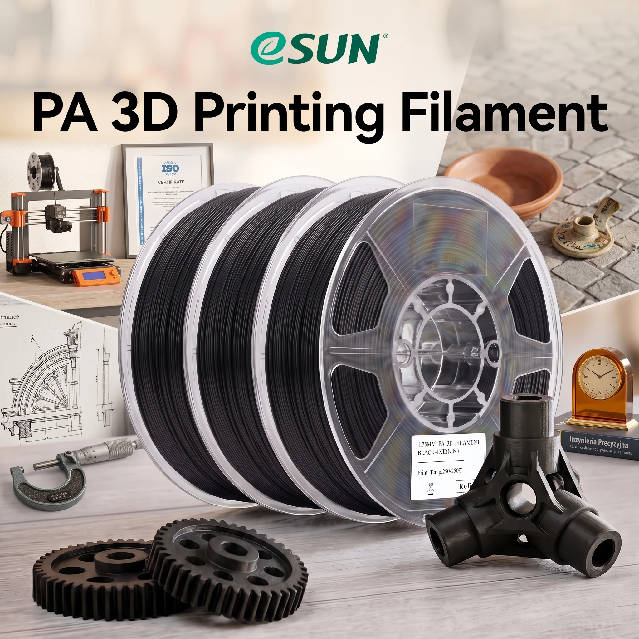 ESUN 1/3/5 kg nylon printfilament, 1,75 mm, 1 kg spoel, zeer sterk en slijtvast nylonfilament voor industriële onderdelen en 3D-printers.