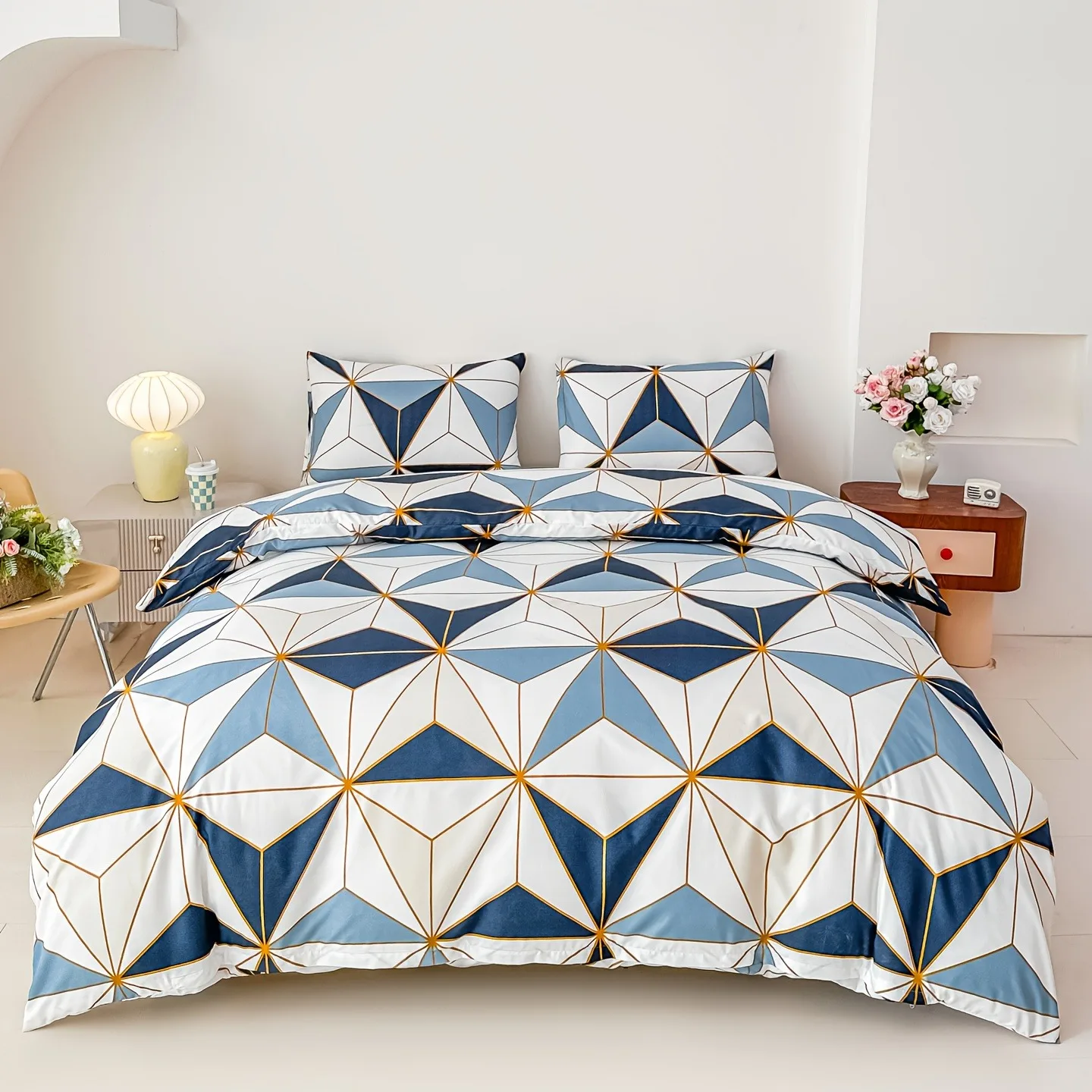 Blue Gold Geometric Triangle Duvet Cover Set Modern Abstract Diamond Bedding Set Soft Microfiber Twin Full Queen King Size