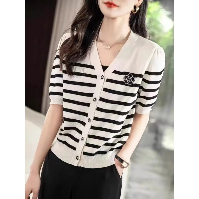 

Small fragrance striped camellia knit short sleeve cardigan women's V-neck ice silk T-shirt summer base half sleeve top
