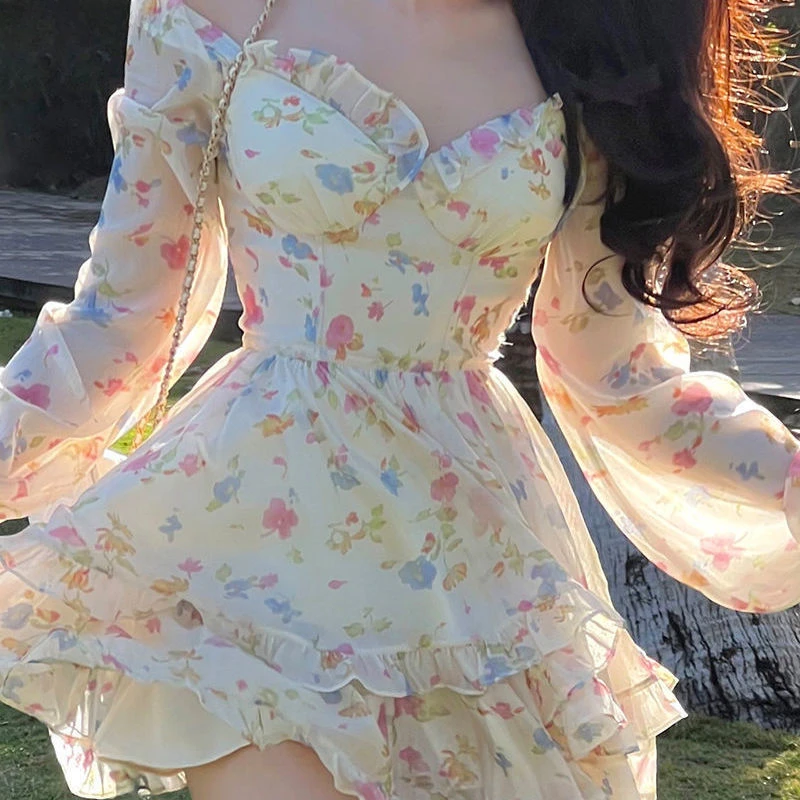 Sweet Elegant Party Mini Dress Women 2022 Summer Beach Long Sleeve Fairy Dress Female Y2k Korean Fashion Floral Lolita Dresses