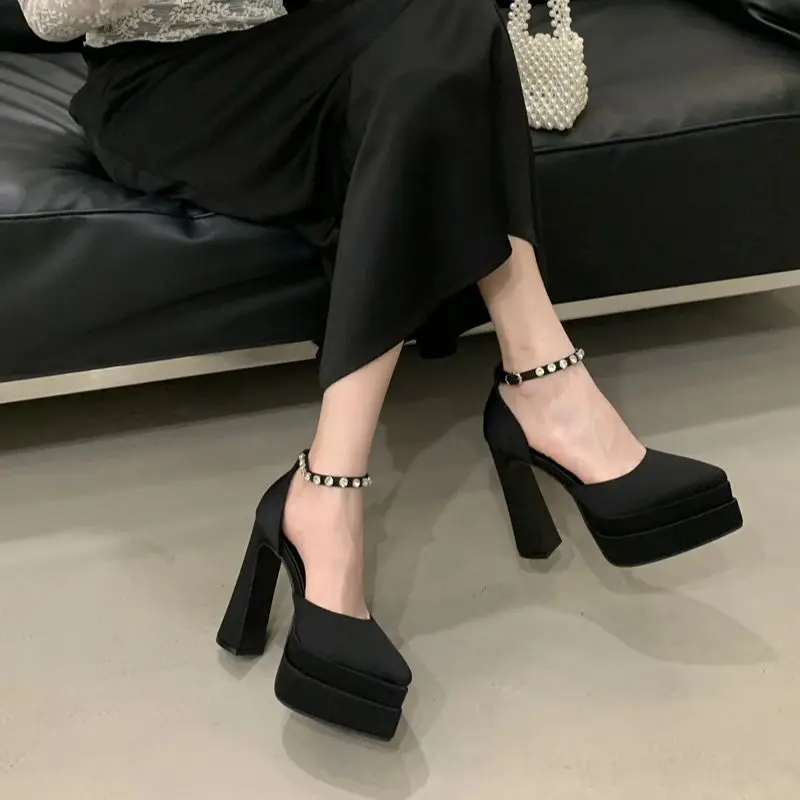 

Silver High Heels 13cm Ladies Pumps Fashion Wedding Shoes Bride Platform Heels Summer Pionted Toe Chunky Shoes