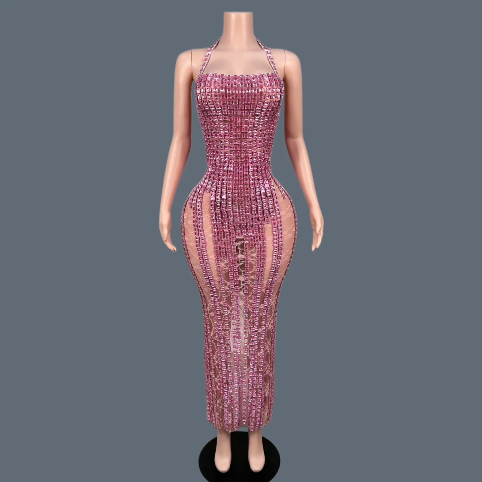 

Pink Baguette Rhinestone Halter Mesh Midi Dress Vertical Striped Sheer Bodycon Stage Party Gown Bingmian