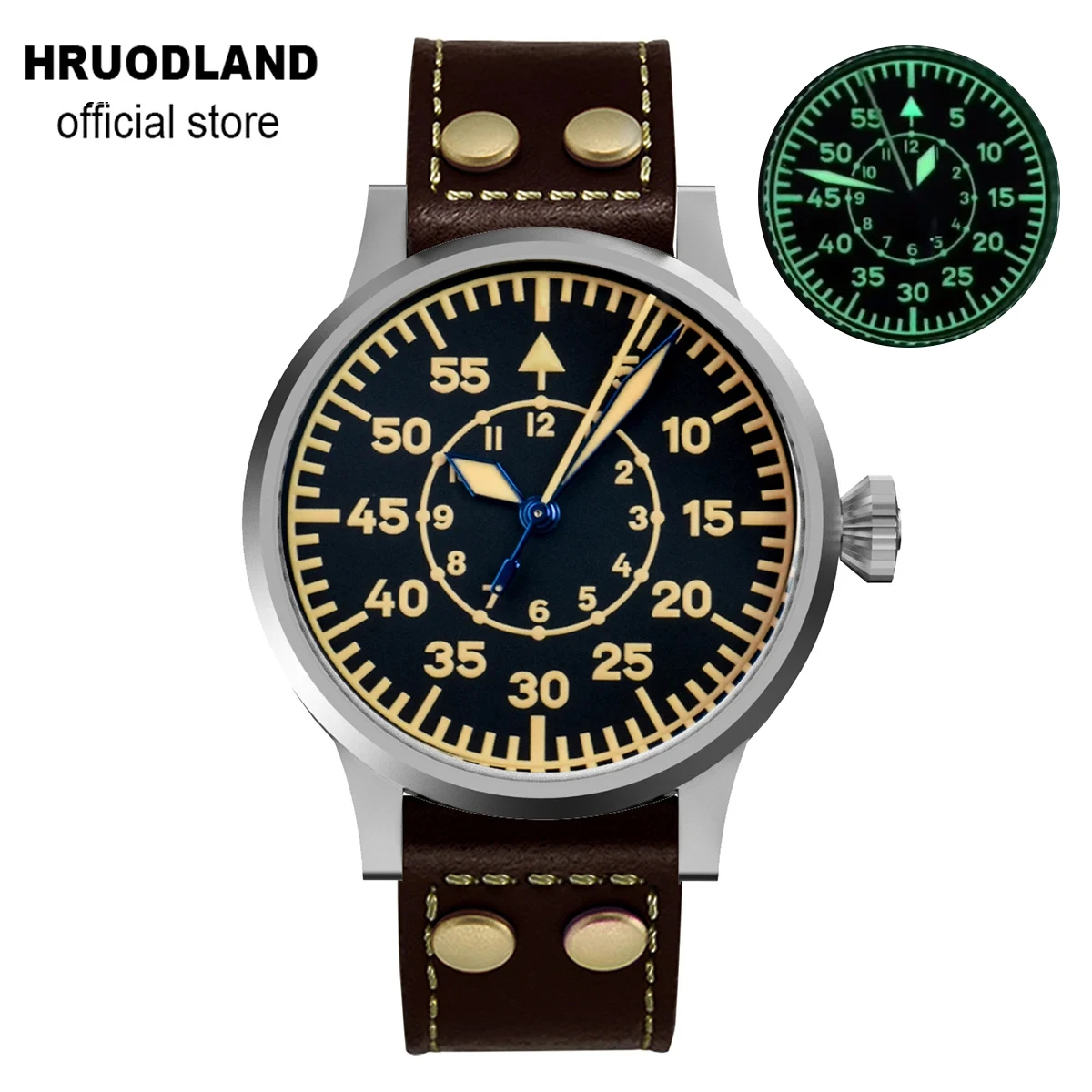 Hruodland  42mm Pilot Men\'s Automatic Mechanical Watch Sapphire Glass Stainless Steel Leather Waterproof 10Bar Retro Watch reloj