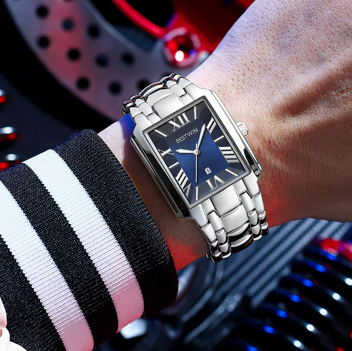High End Watches for Men Roman Numerals Square Quartz Waterproof Steel Strip Calendar Square Business Clock for Men