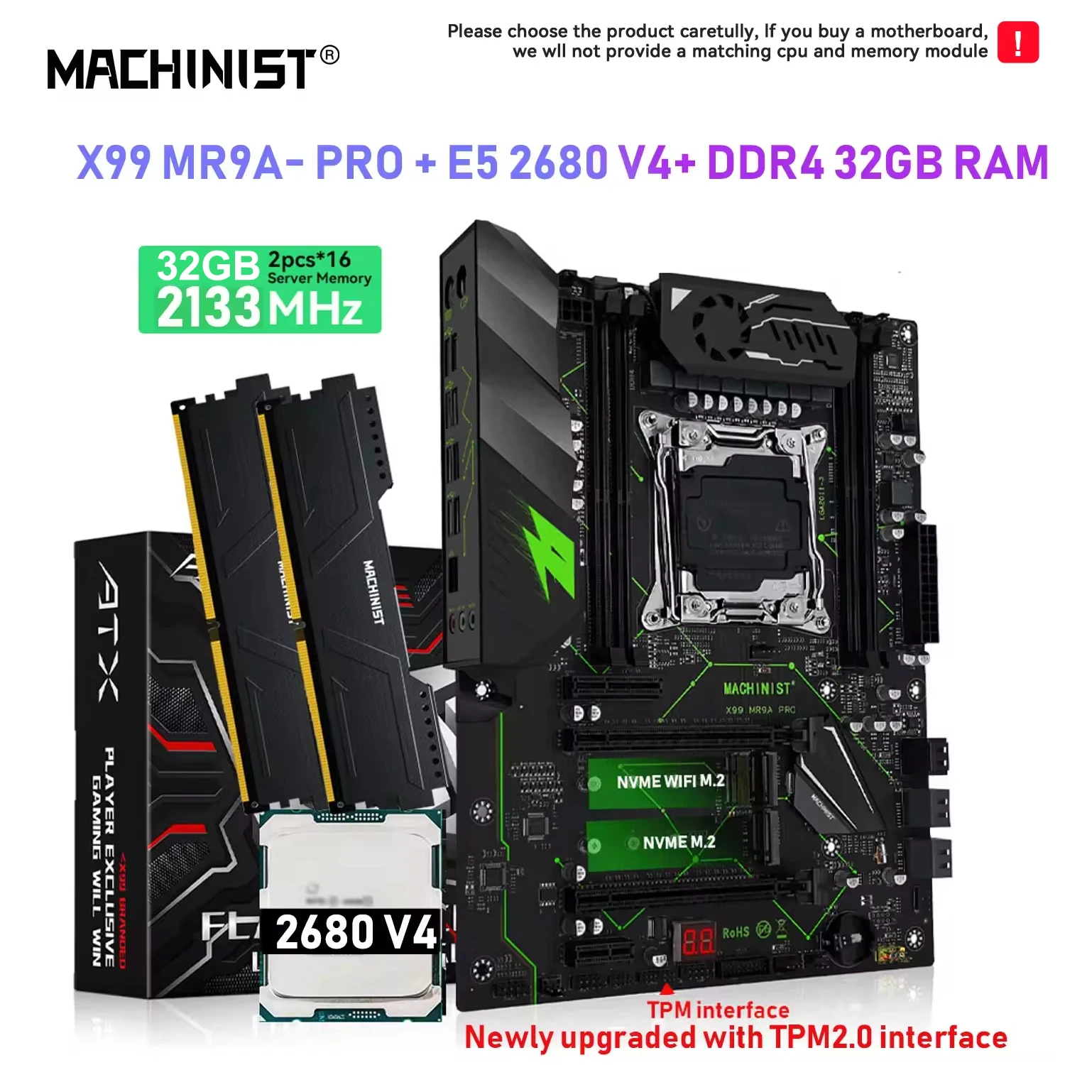 Carte mère MACHINIST X99 MR9A PRO Kit optionnel LGA2011-3 Xeon E5-2680 V4 CPU DDR4 2x16G=32GB Mémoire Double NVMe M.2 Quad-Channel