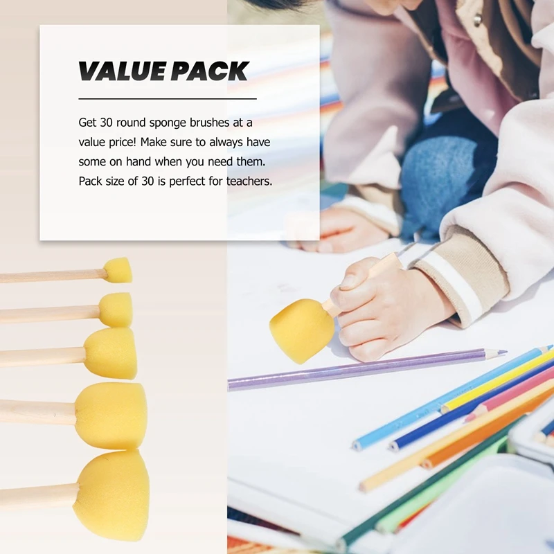 Pack Of 30 Round Foam Sponge Paint Brush Set - Stencil Brush Value Pack - 5 Different Sizes - Great For Kids Arts And Crafts, St