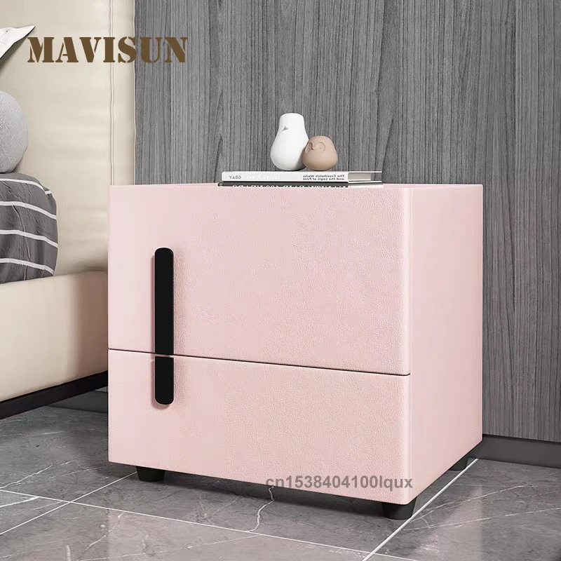 

Italian Small-Sized Bedroom Nightstands With Double-Drawer Leather Surface Solid Wood Frame Rectangular Decorative Bedside Table