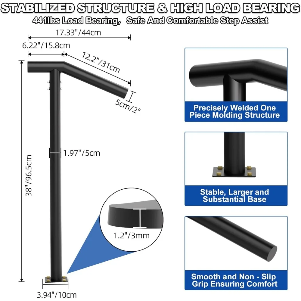 درابزين فردي بخطوة 1-2 - حاجز درج خارجي - درابزين حديد مطاوع واحد مع مجموعة أدوات DIY، مسحوق حاجز يدوي أسود 38 ساعة #5