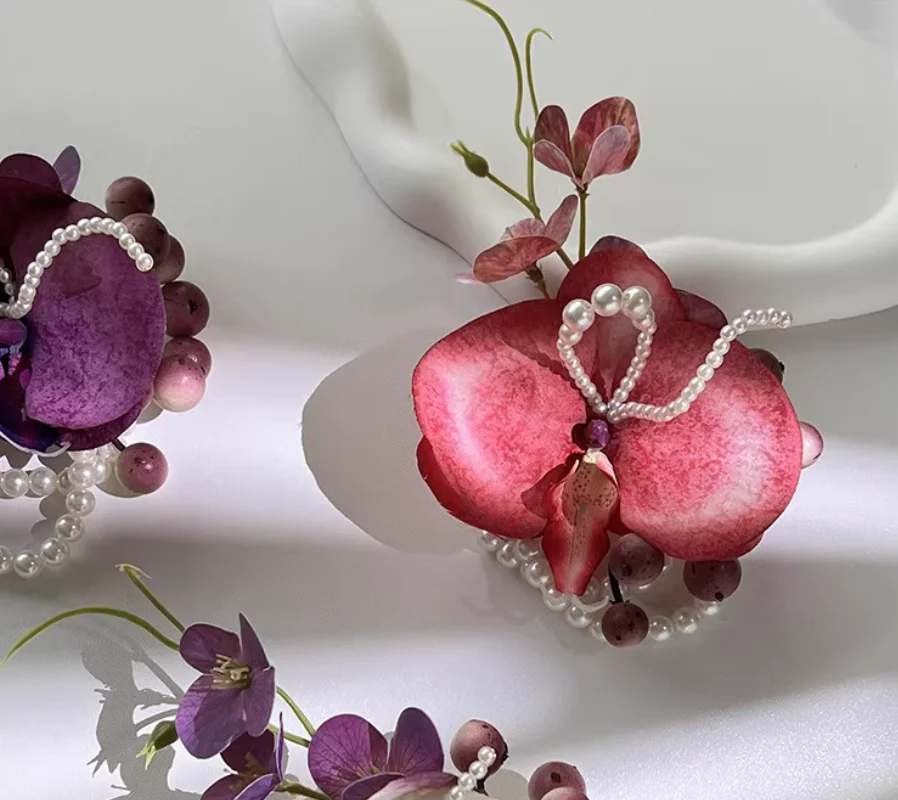 Original forest-themed wedding event wrist corsages and groomsman boutonnieres