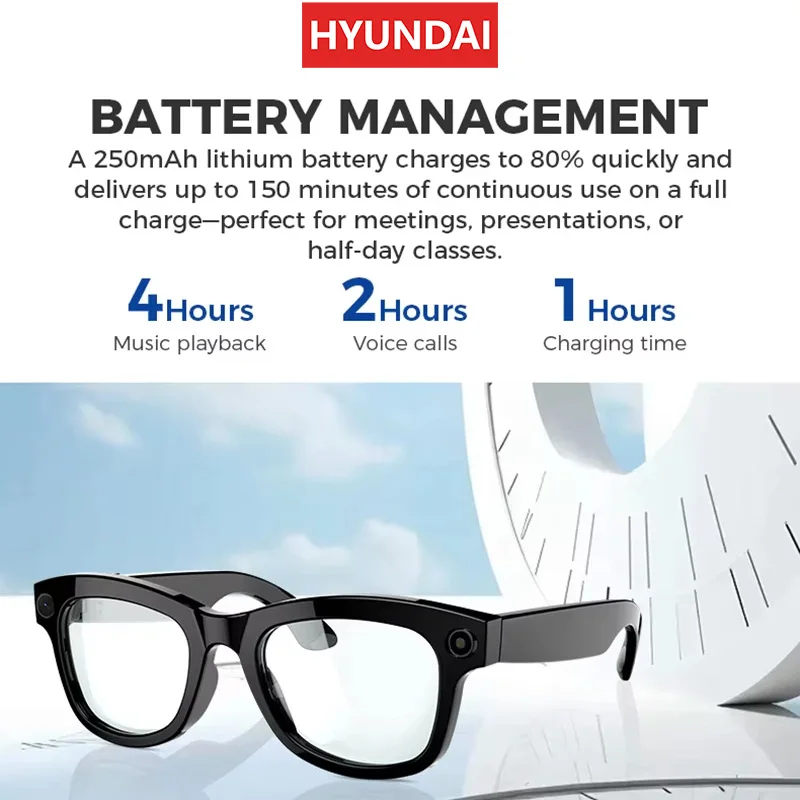 HYUNDAI M01 New Smart Glasses AI Headphones HD 1080p Polarized  Sunglasses Video Conference Recording Safety Sports DVR Camera