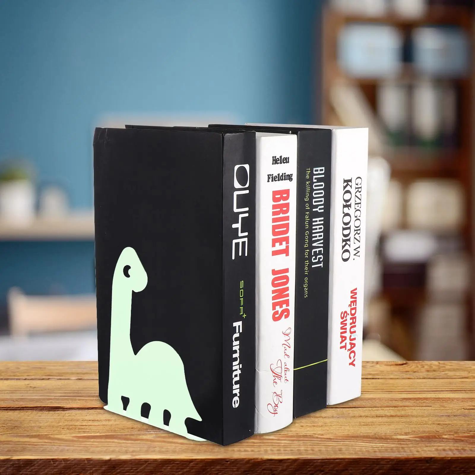 Dinosaur Book End Metal Storage Rack Green Desktop Stands Child Room Decor Smooth Premium Material Protect Scratch Tidy