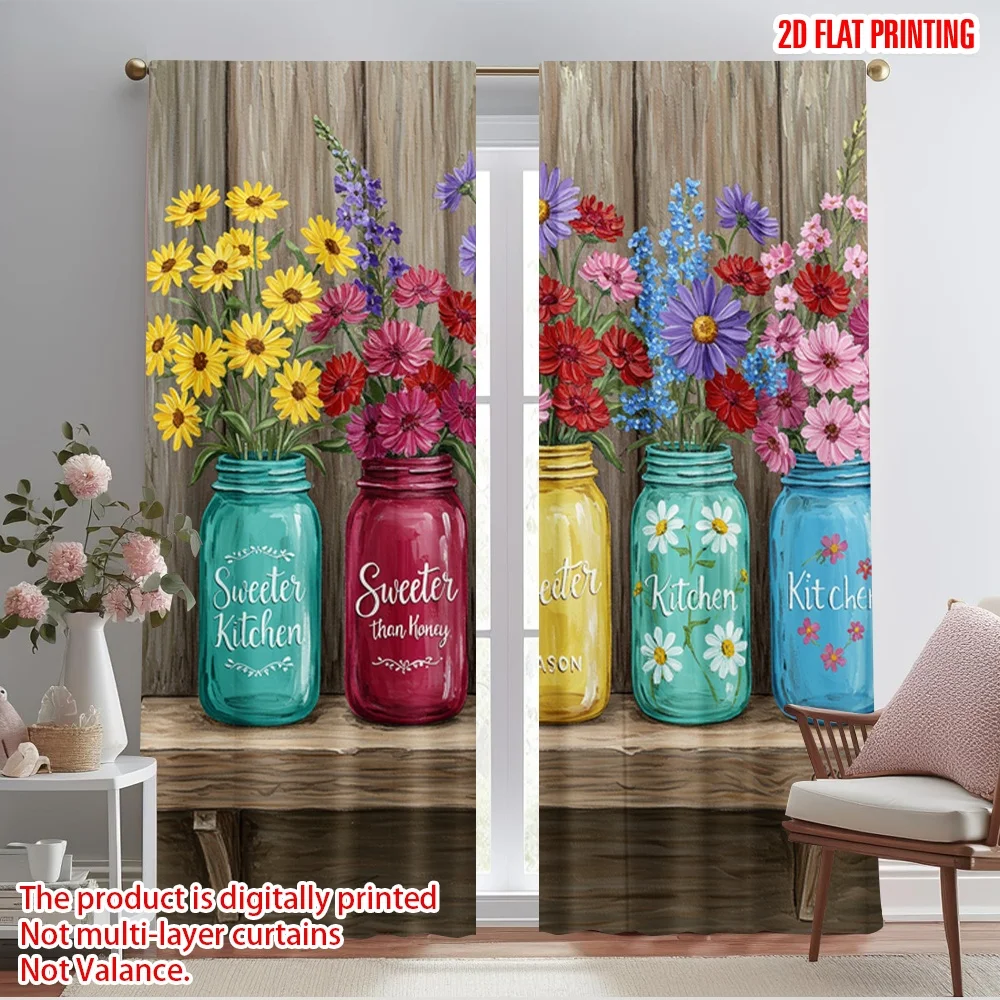2pcs 2D flat printing Curtains Kitchen Flowers Mason Jars 100% Polyester Without Electricity Seasonal Party & Holiday Decor