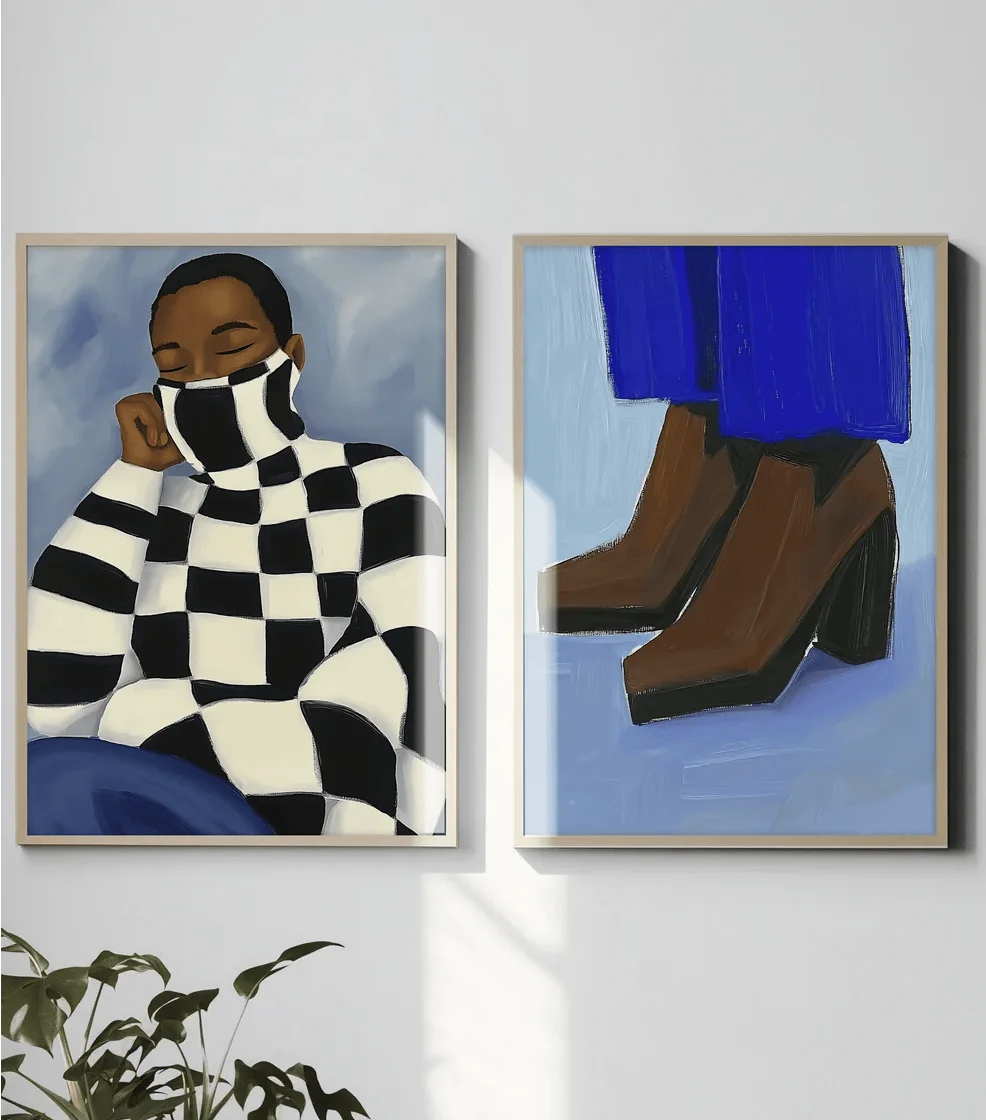 Modern Figure Wall Art Canvas Prints, Black Checkered Posters, Bold Blue Decor for Living Room Bedroom Gallery Wall Decor