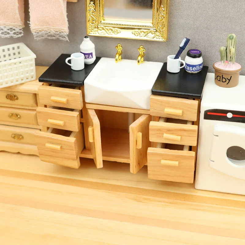 1:12 Dollhouse Miniature Furniture Shower Room Micro-scene Simulated Wash Basin Water Channel Doll House Ornament Accessories