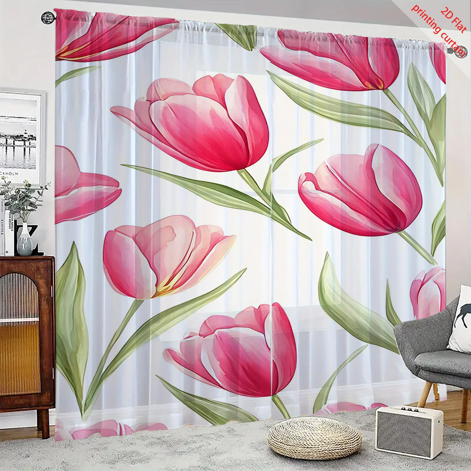 2PCS Digital Printed Sheer Curtain, Watercolor Tulip Flowers, Painterly Spring Floral for Living Room Bedroom Home Decor