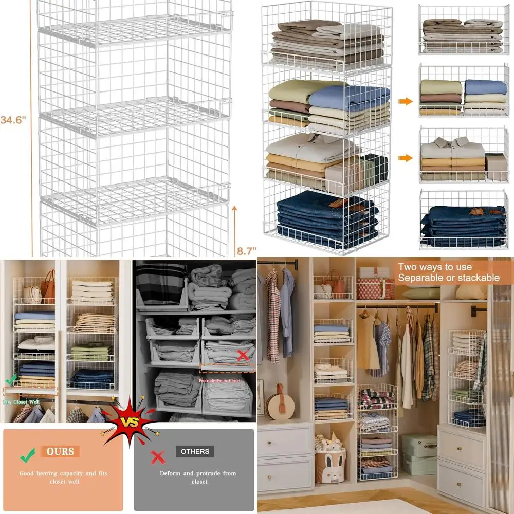 

4-Tier Foldable Closet Organizers with Storage Baskets, Space-Saving Drawer System for Wardrobe, White (Patent Pending)