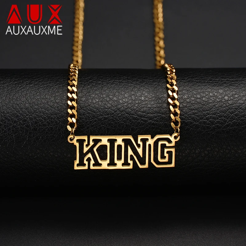 Auxauxme 5mm Cuban Chain Custom Name Necklace Stainless Steel KING Choker For Men Personalized Nameplate Jewelry Dropshipping