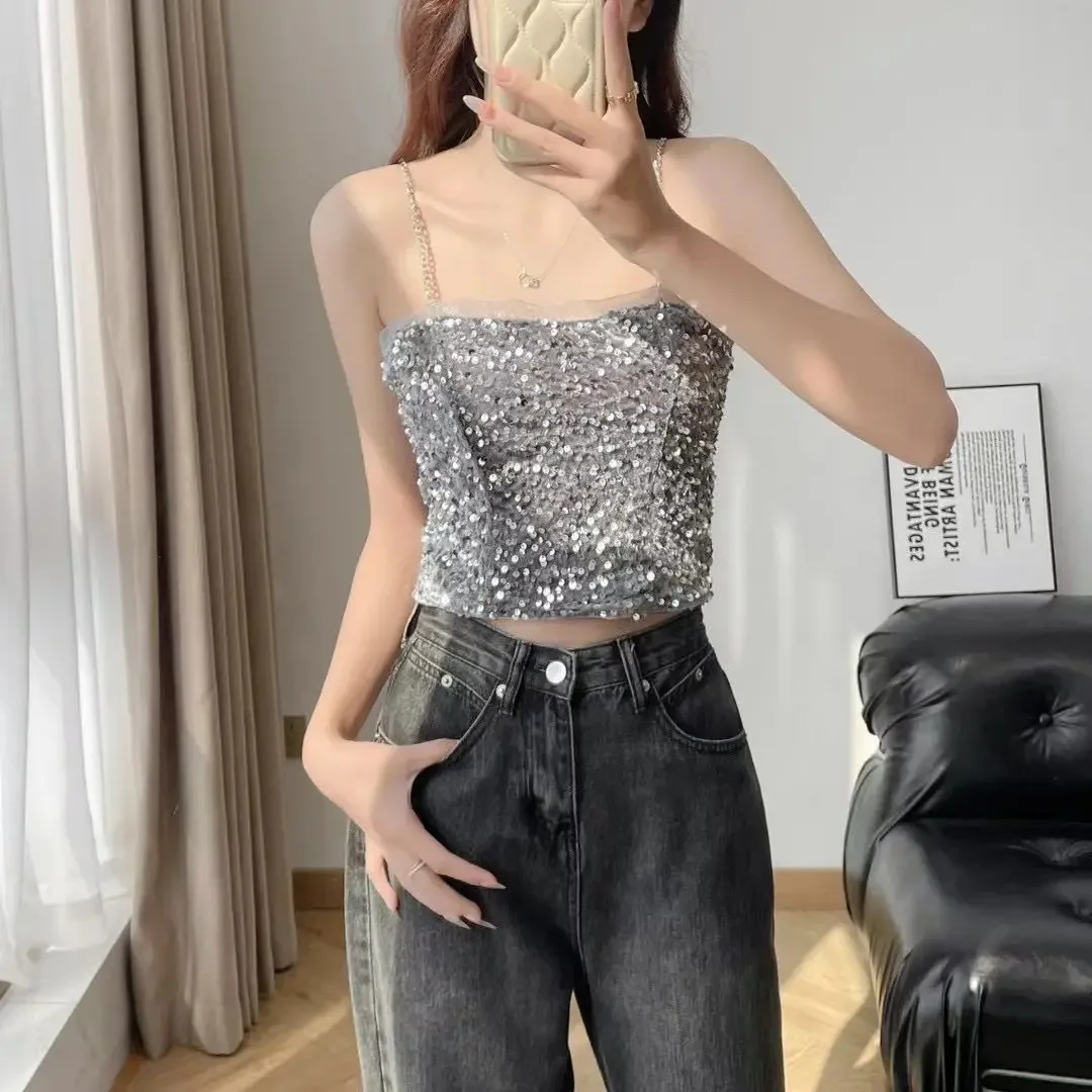 Sexy Y2k Crop Top Shiny Squins Bandeau Camisoles Summer New Fashion Cropped Slim Tank Top Women