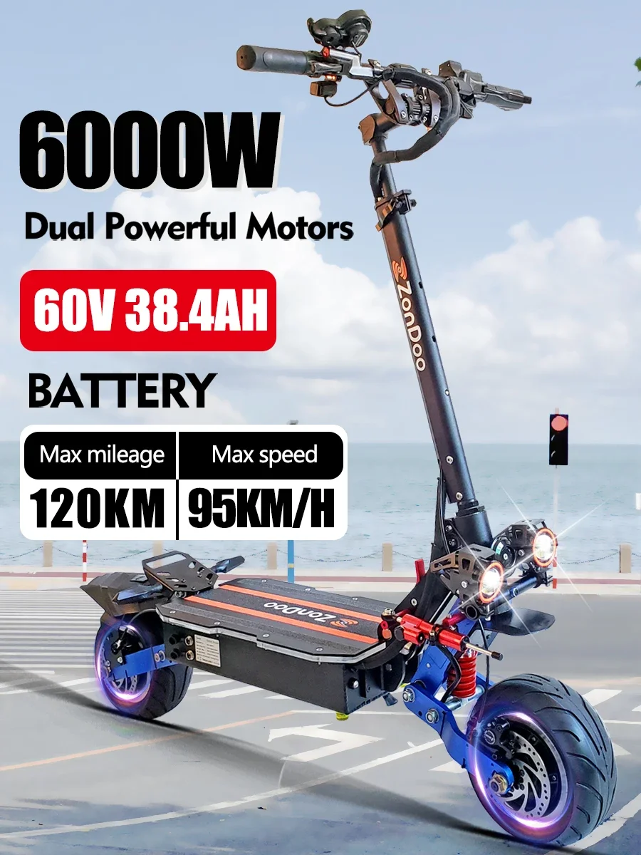 EU New Electric Scoote 6000W 60V 38.4AH Max Speed 95km/h Range 120km 11’ Road Tyres Hydraulic Brake Foldable Electric Scooter