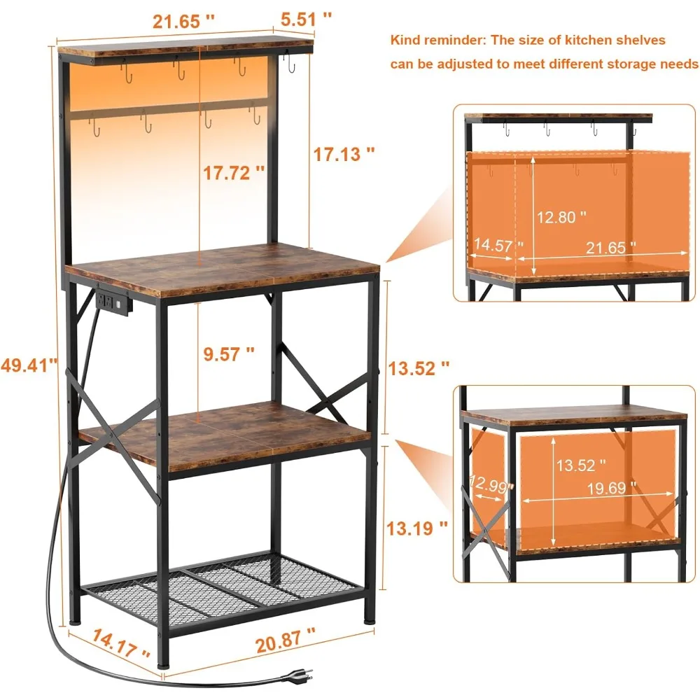 Kitchen Bakers Rack with Power Outlet & LED Lights, Small Coffee Bar Table with Adjustable Storage Shelf, 4 Tiers Microwave Stan