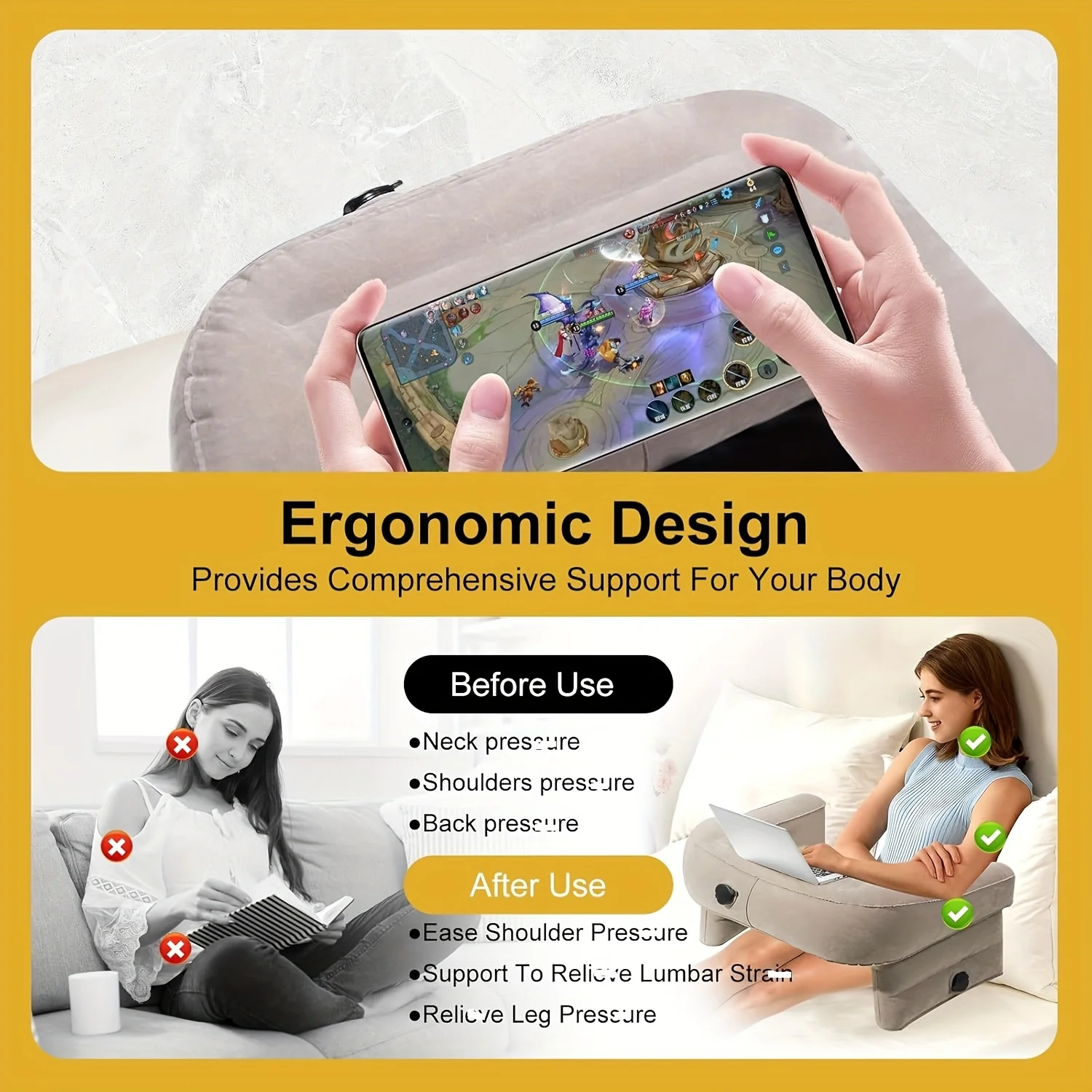 Inflatable Reading Pillow for Gaming Working Portable Soft Air Cushion Pad Pillow Bed Sofa Tent Arm Rest Table Camp Accessories