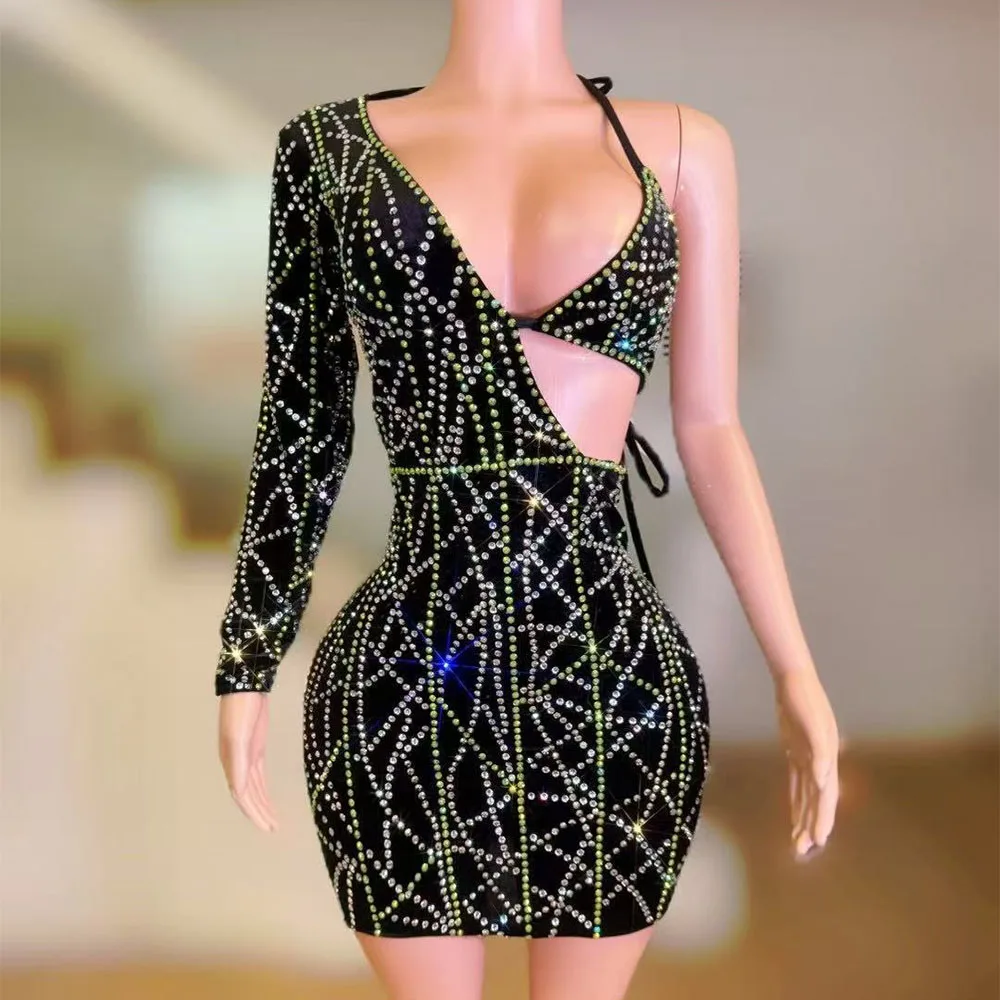

Sexy Sparkly Rhinestones Short Dress Women Backless Celebrate Prom Party Birthday Dress Photoshoot Wear Performance Stage Wear