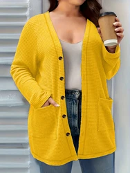 Plus size solid color v-neck cardigan casual long sleeve button front cardigan suitable for spring and autumn