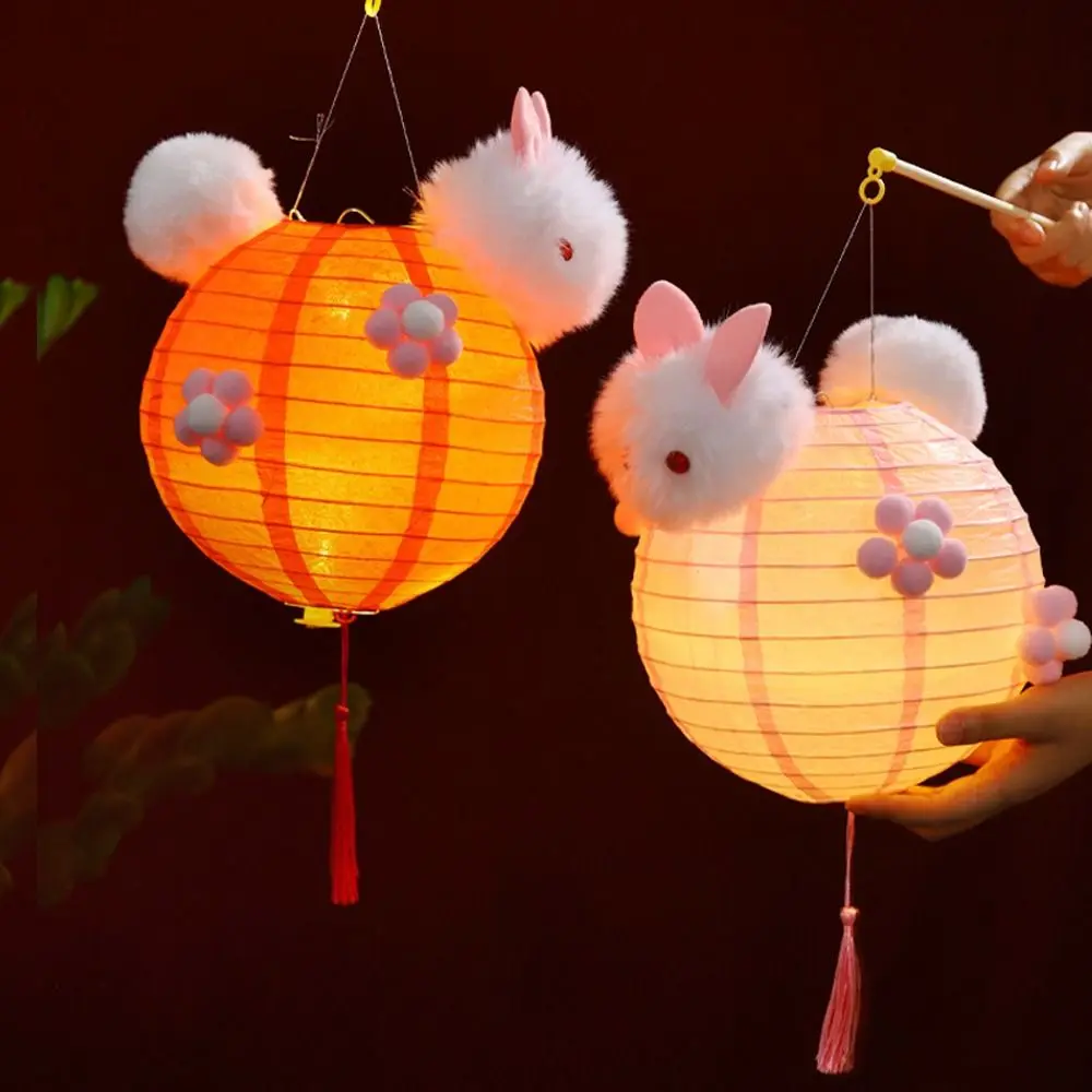 Cute Chinese Rabbit Lantern Traditional Blessing LED Lantern Toys Portable Handmade Handheld Paper Lamp Kindergarten