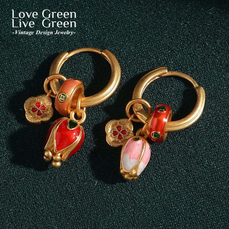 

Vintage Gold Color Enamel Tulip Drop Earring Chinese Style Luxury Jewelry Designer Charms For Woman Accessories Wedding Bridal