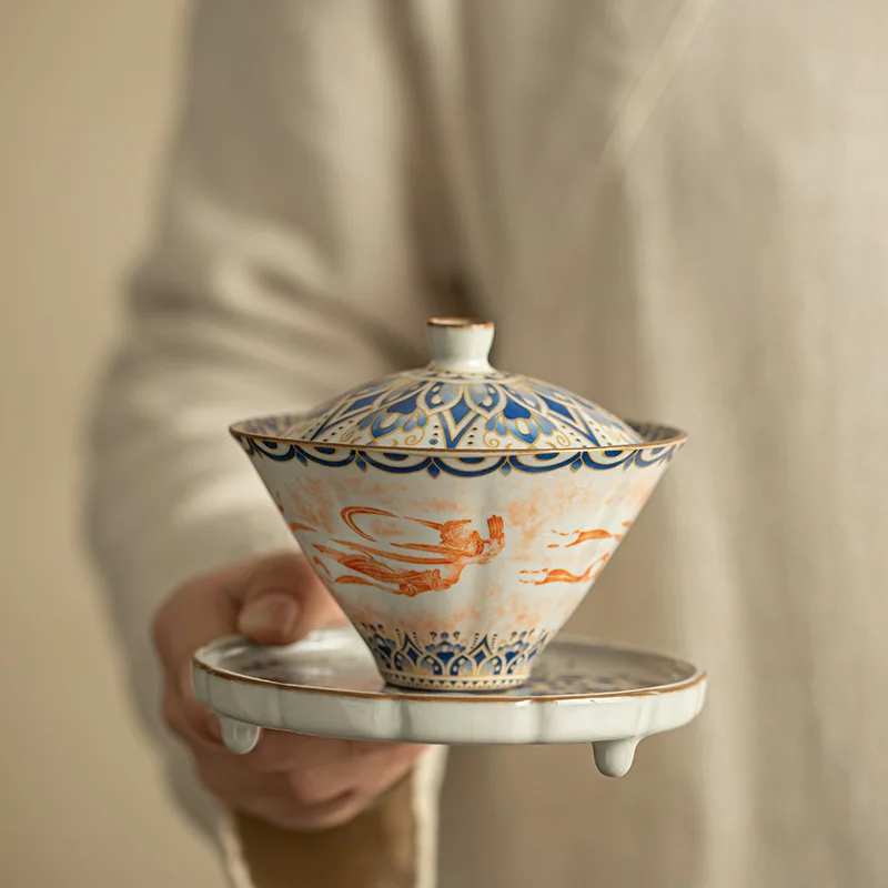 Juego de té de cerámica de Jingdezhen, estilo Kweichow Moutai Dunhuang, con tazas, sombrero de bambú, herradura, Gaiwan y cuenco con tapa.