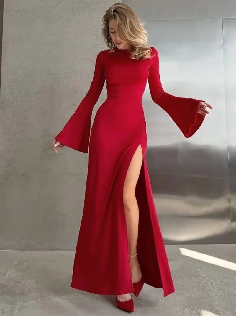 

Woman O-neck Flare Sleeve High Slit Party Dress Elegant Ladies High Waist Slim Fit Long Maxi Red Dresses Black Office Vestidos