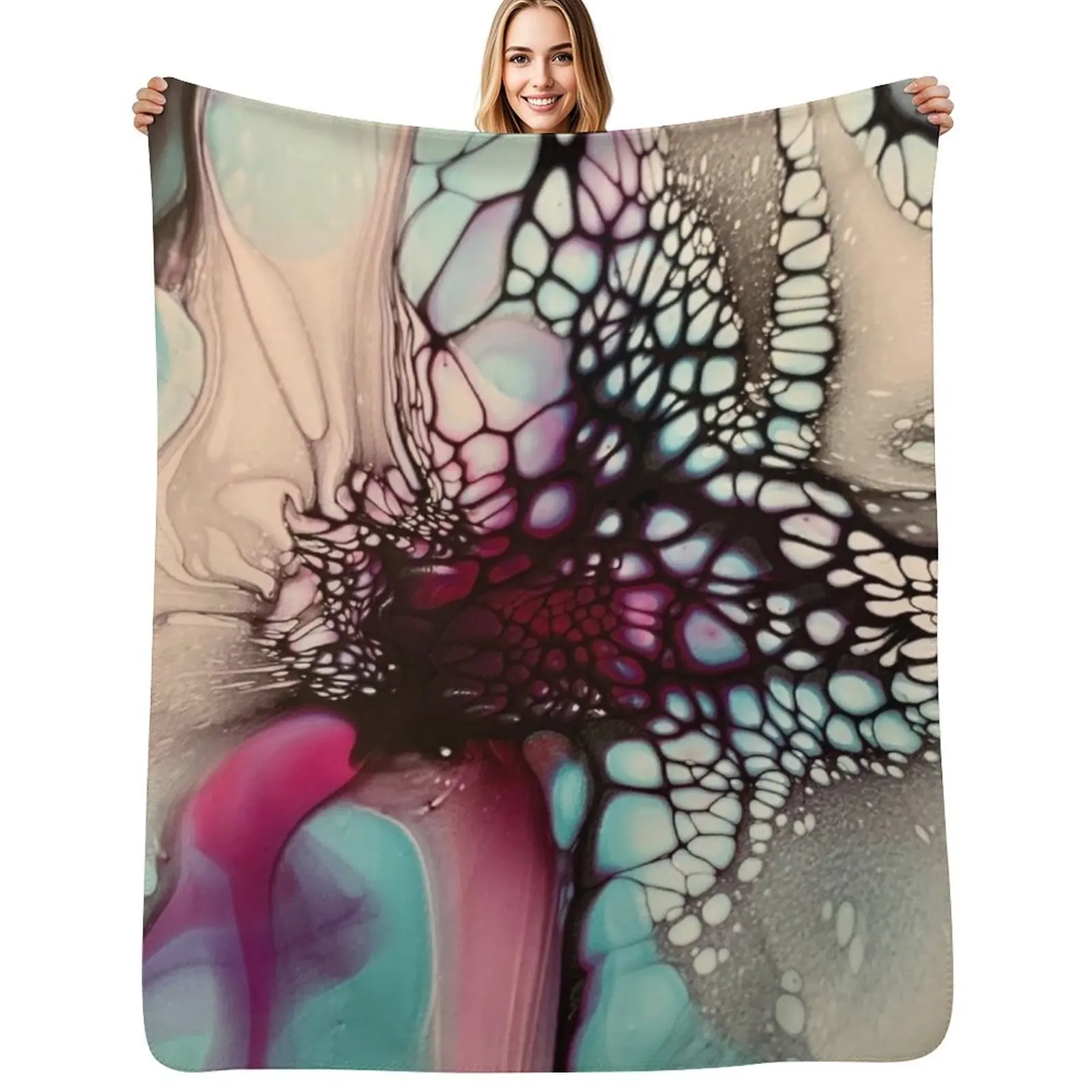 

Beautiful Blue and Magenta Flower Inspired Abstract Fluid Acrylic Pour Throw Blanket Soft Plaid Luxury Throw Blankets