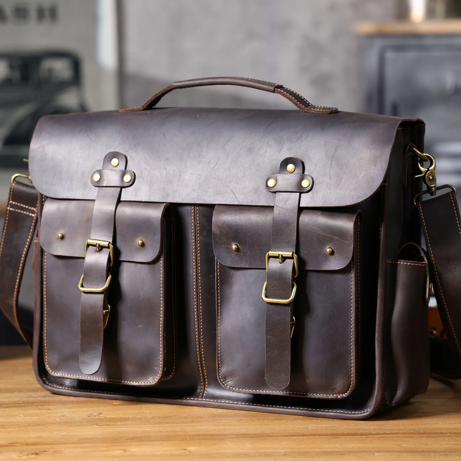 S.WORKER Vintage Echtleder Herren-Aktentasche 16" Laptop-Tasche Crazy Horse Leder Messenger-Handtasche Rindsleder Geschenkidee für Männer – Detail 9