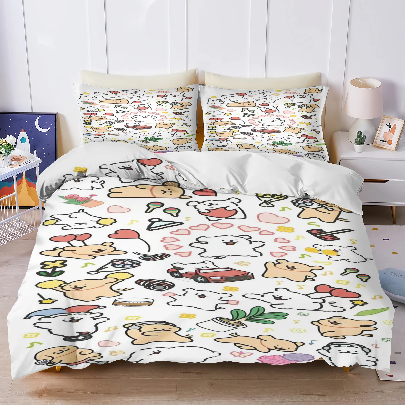 Line Puppy Duvet Cover Bedroom 3D Cute Printing Children's Gift Adult  2/3pcs Various sizes Bedding Set (Contains no fillers)