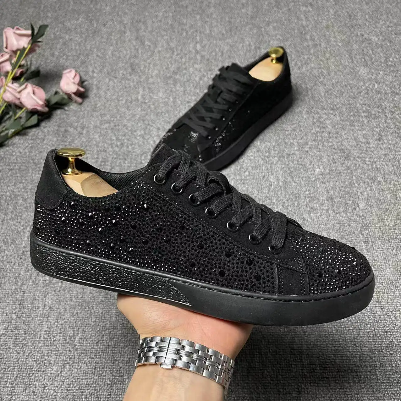 Patchwork Round Head Flats Crystal Men Casual Shoes Fall Lace-up Sneakers Fashion Dress Shoes