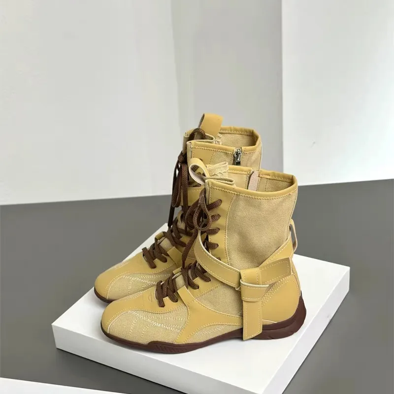 2026 New Retro Colorblock Lace-up Side Zipper Booties Skinny Lace-up Soft Sole Women's Shoes