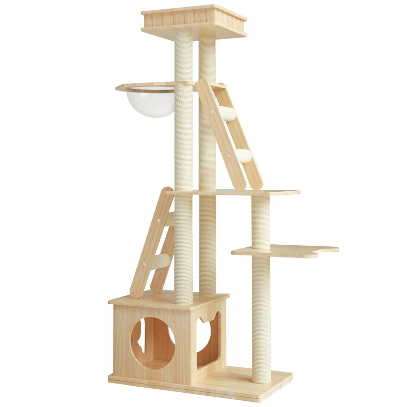 

Natural Wood Color Big Space Capsule Brick Solid Wood Cat Tree House Cat Climbing Frame